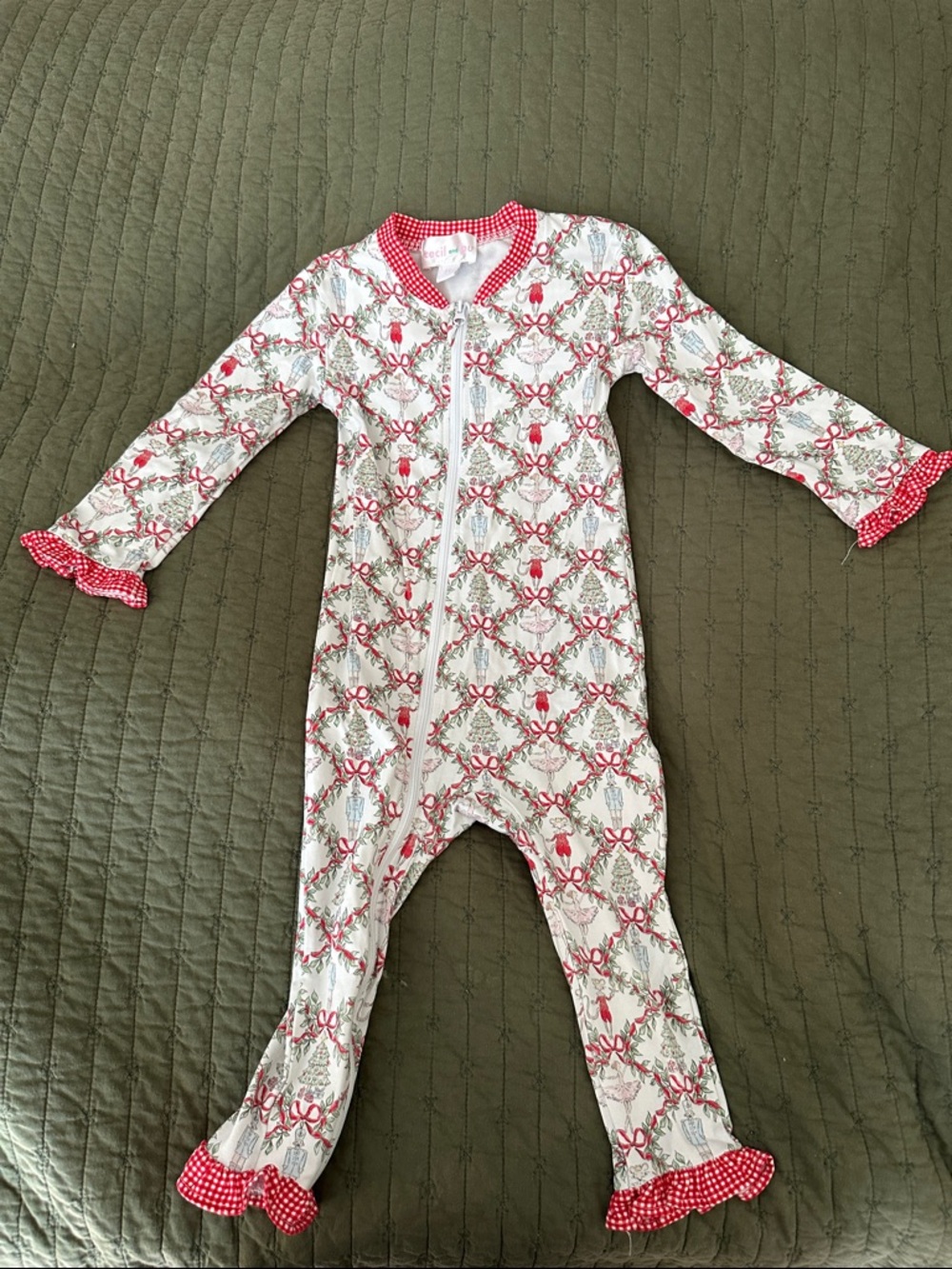 Girls White and Pink Ruffle-Trim Zip One-Piece Pajama